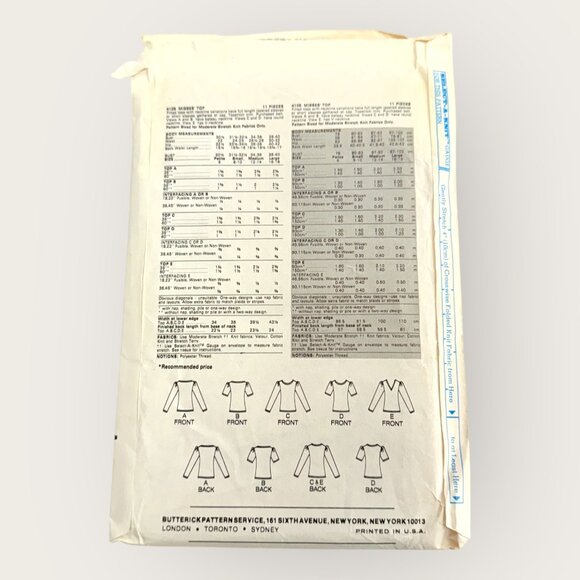 Vintage Butterick Sewing Pattern 4109 Misses Top Size Medium - Picture 2 of 2